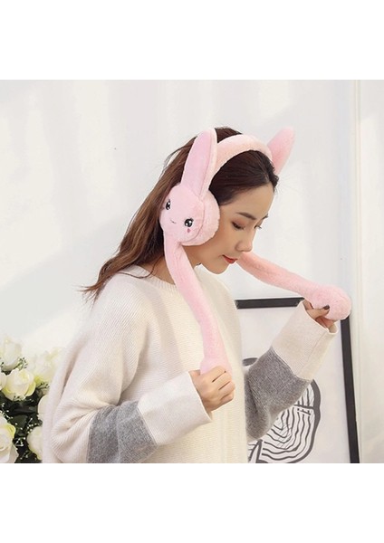 Peluş Tavşan Hareketli Oynar Kulaklı Çocuk Kulak Isıtıcı Koruyucu - Pudra Rengi