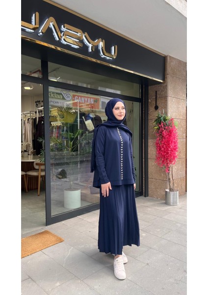 1351 Taşlı Etekli Takım Lacivert