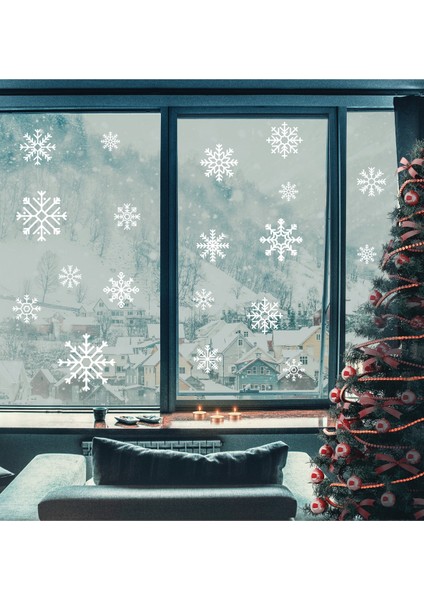Özel Yeni Yıl Kış Temalı Kar Taneleri Cam Vitrin Dekoru Yılbaşı Özel Yeni Sticker 50 Adet
