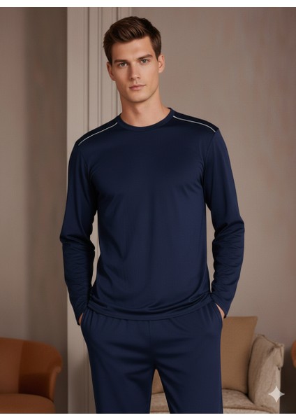 %100 Pamuk Erkek Süprem Pijama Takımı Compact Penye Lacivert Uzun Kol Cepli Ipli Relax Fit Terletmez