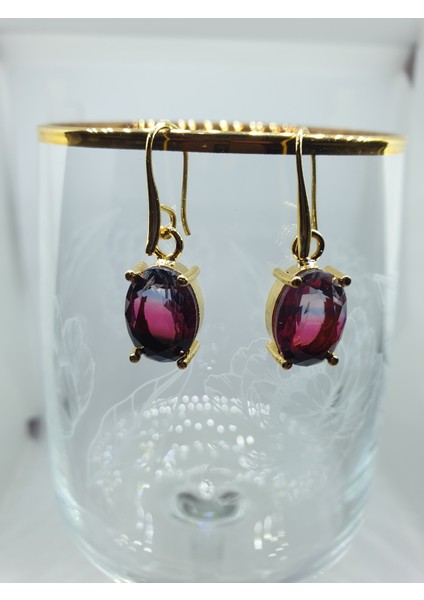 Turmalin Orjinal Doğal Taş Altın Kaplama Sallantılı Oval Küpe