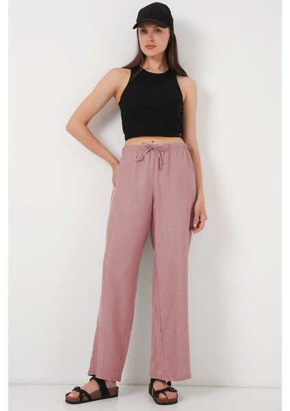 Geniş Paça Keten Pantolon 6735 - Pudra