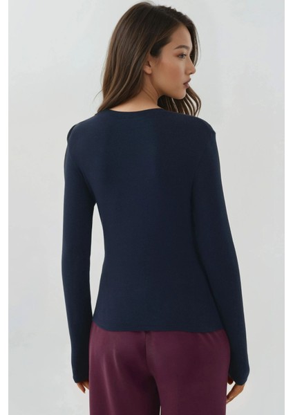 Kadın Slim Fit Yuvarlak Yaka Uzun Kollu Üst Blue