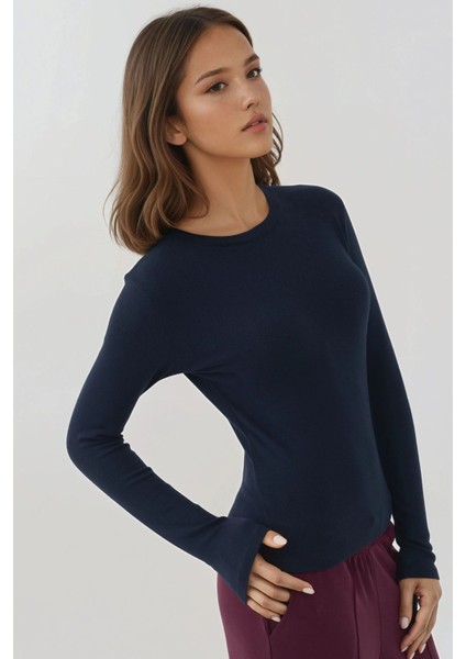 Kadın Slim Fit Yuvarlak Yaka Uzun Kollu Üst Blue
