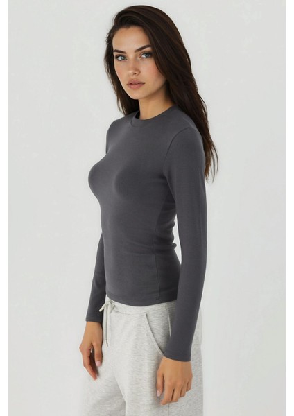 Kadın Slim Fit Yuvarlak Yaka Uzun Kollu Üst Grey fiyatları