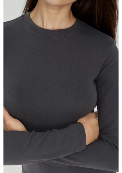 Kadın Slim Fit Yuvarlak Yaka Uzun Kollu Üst Grey fırsatları