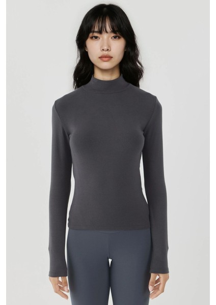 Kadın Ultra Yumuşak Slim Fit Dik Yaka Örme Üst Grey