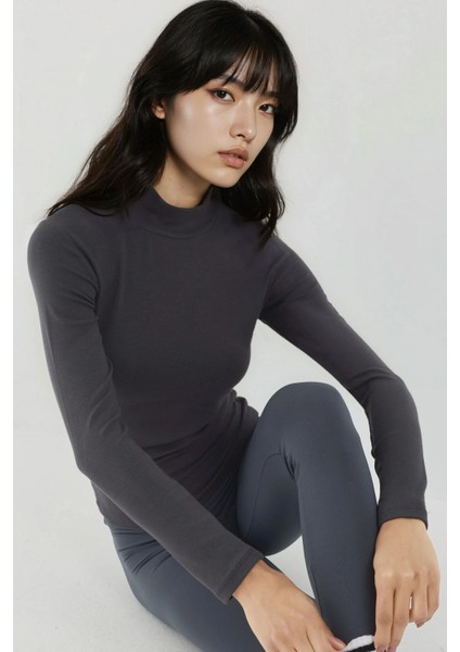 Kadın Ultra Yumuşak Slim Fit Dik Yaka Örme Üst Grey modelleri