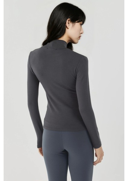 Kadın Ultra Yumuşak Slim Fit Dik Yaka Örme Üst Grey