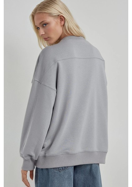 Kadın Rahat Kesim Yuvarlak Yaka Dikiş Detaylı Örme Sweatshirt Gri fırsatları