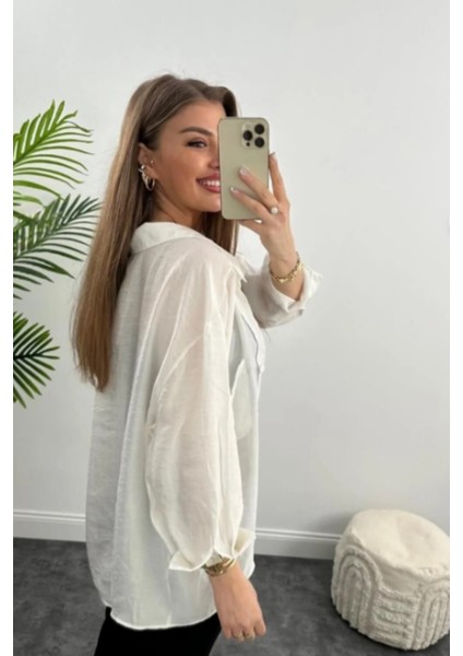 Kadın Beyaz Oversize Gömlek – Uzun Kollu, Rahat Kesim, Şifon Görünümlü Günlük ve Ofis Kombinleri Için