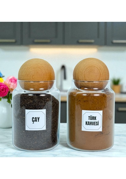 2'li Ahşap Top Kapaklı Cam Türk Kahvesi Çay Saklama Kavanozu Seti 800 ml Etiket Hediyeli modelleri