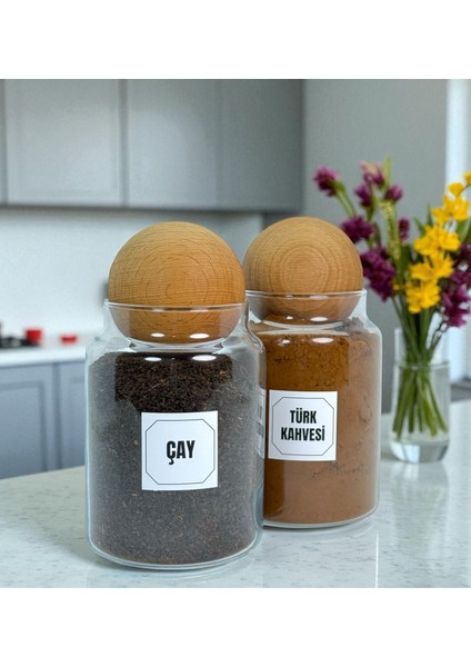2'li Ahşap Top Kapaklı Cam Türk Kahvesi Çay Saklama Kavanozu Seti 800 ml Etiket Hediyeli fırsatları