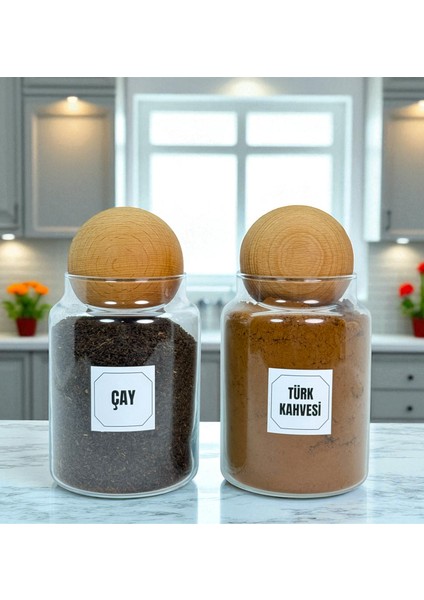 2'li Ahşap Top Kapaklı Cam Türk Kahvesi Çay Saklama Kavanozu Seti 800 ml Etiket Hediyeli indirimleri