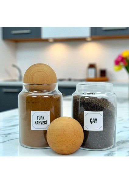2'li Ahşap Top Kapaklı Cam Türk Kahvesi Çay Saklama Kavanozu Seti 800 ml Etiket Hediyeli