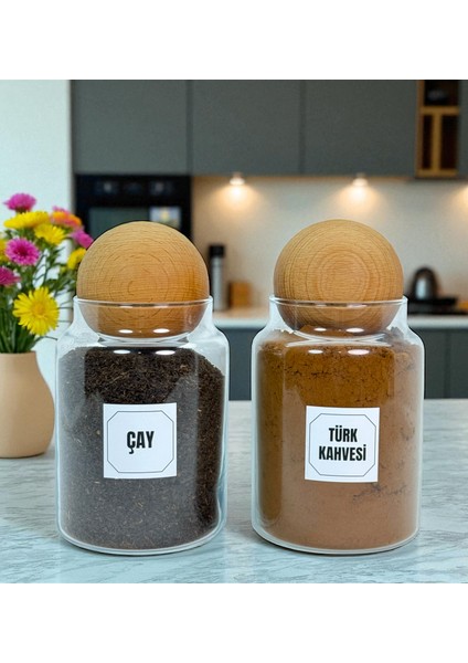 2'li Ahşap Top Kapaklı Cam Türk Kahvesi Çay Saklama Kavanozu Seti 800 ml Etiket Hediyeli