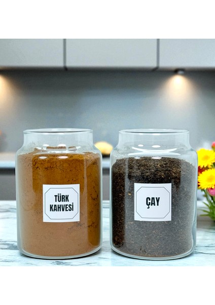 2'li Ahşap Top Kapaklı Cam Türk Kahvesi Çay Saklama Kavanozu Seti 800 ml Etiket Hediyeli