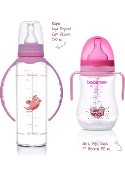 Ikili Pembe Kulplu Biberon Seti, 240 ml ve 250 Ml, Geniş Ağız, Pratik ve Şık Kullanım