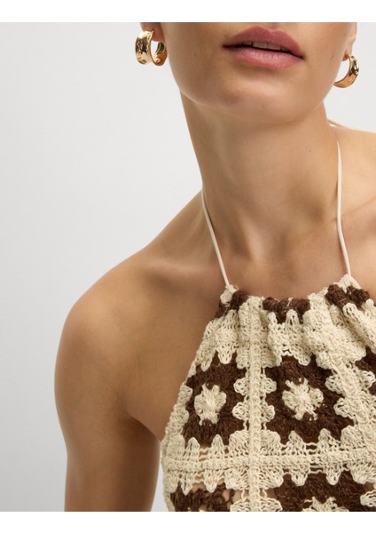 Kroşe Detaylı Halter Yaka Mini Plaj Elbisesi