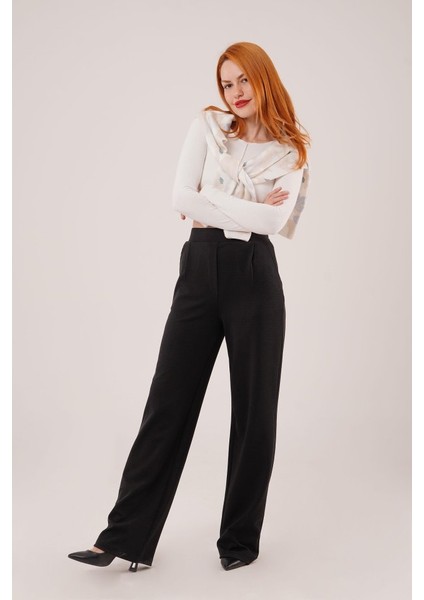 Yüksek Bel Bol Paça Krep Siyah Pantolon modelleri