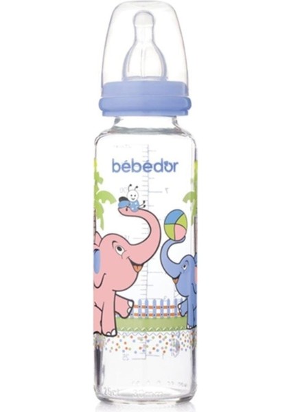 Desenli Cam Biberon 250 Ml, Şık ve Kullanışlı Mavi Tasarım.