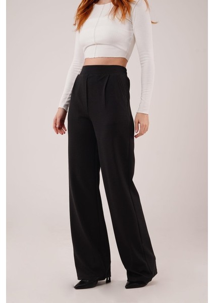 Yüksek Bel Bol Paça Krep Siyah Pantolon fırsatları