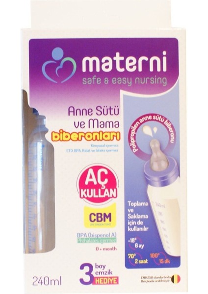 Aç Kullan Anne Sütü ve Mama Biberonu, 240 Ml, 3 Boy Emzik Hediyeli