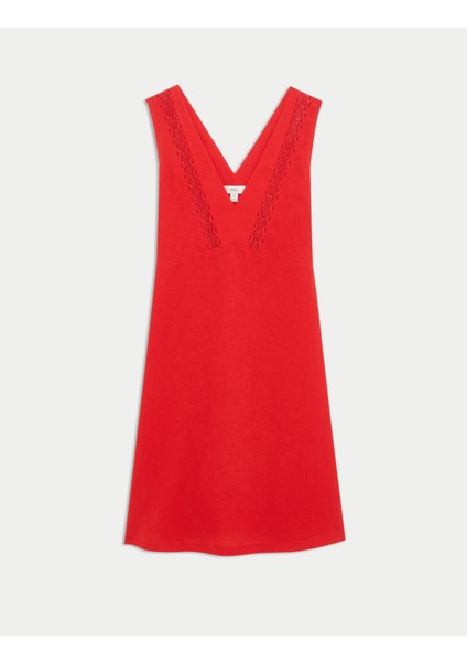 Keten Karışımlı V Yaka Mini Elbise