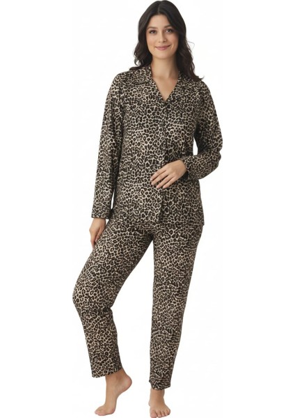 Uzun Kollu Leopar Desenli Kadın Pijama Takımı Süet Kumaş fiyatları