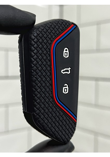 Cupra Formentor Leon Uyumlu Silikon Anahtar Kılıfı Mavi Kırmızı Şeritli