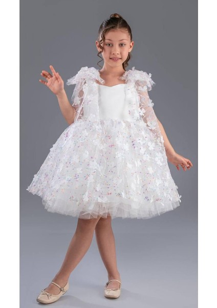 Kız Çocuk Beyaz Çiçek Desenli Tül Elbise