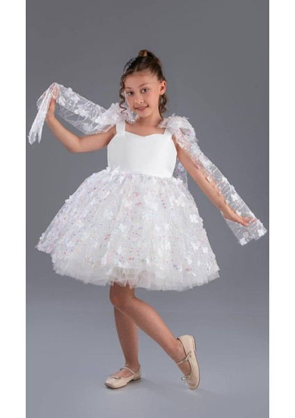 Kız Çocuk Beyaz Çiçek Desenli Tül Elbise fiyatları