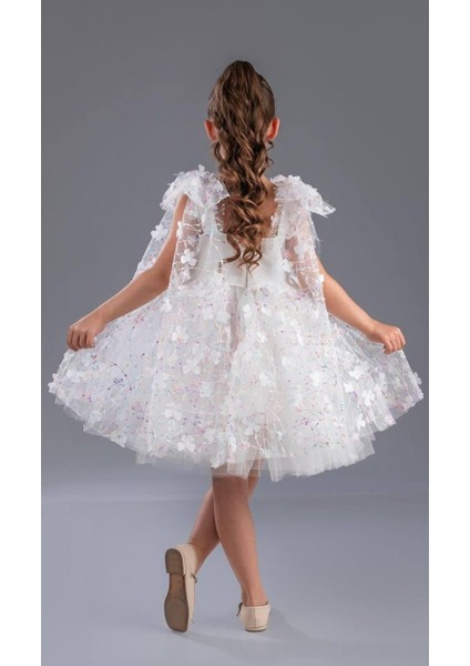 Kız Çocuk Beyaz Çiçek Desenli Tül Elbise modelleri