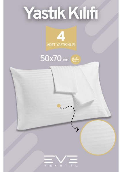 4 Adet Çizgili Pamuk Saten Antibakteriyel Fermuarlı Yıkanabilir Otel Lüks Yastık Kılıfı 50x70cm