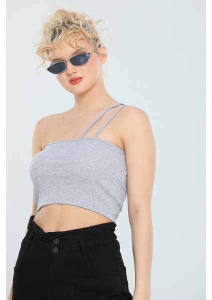 Kadın Likralı Tek Omuz Askılı Kaşkorse Crop Büstiyer Gri modelleri
