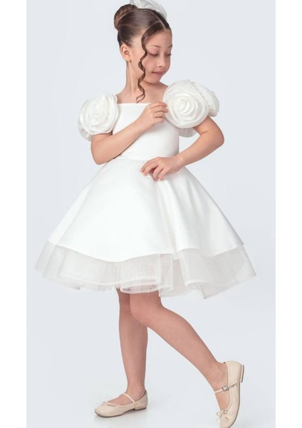 Beyaz Gül Detaylı, Kabarık Etekli Kız Çocuk Özel Gün Abiye Elbisesi