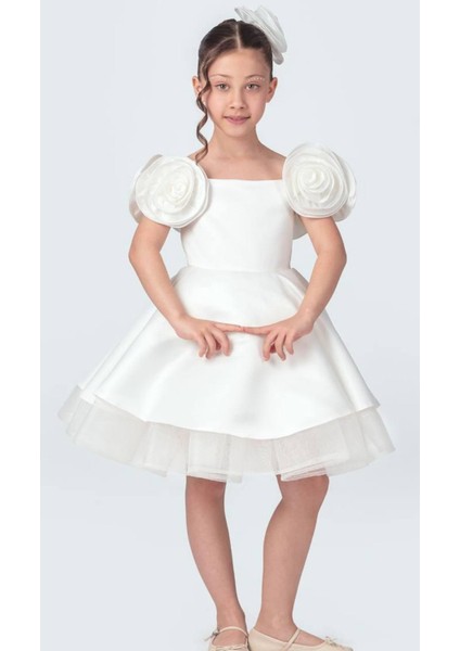 Beyaz Gül Detaylı, Kabarık Etekli Kız Çocuk Özel Gün Abiye Elbisesi fiyatları