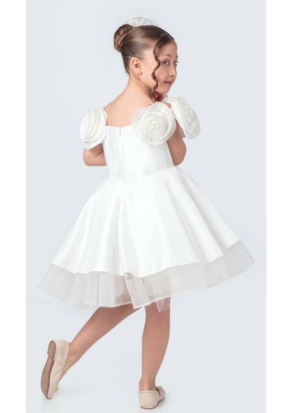 Beyaz Gül Detaylı, Kabarık Etekli Kız Çocuk Özel Gün Abiye Elbisesi modelleri