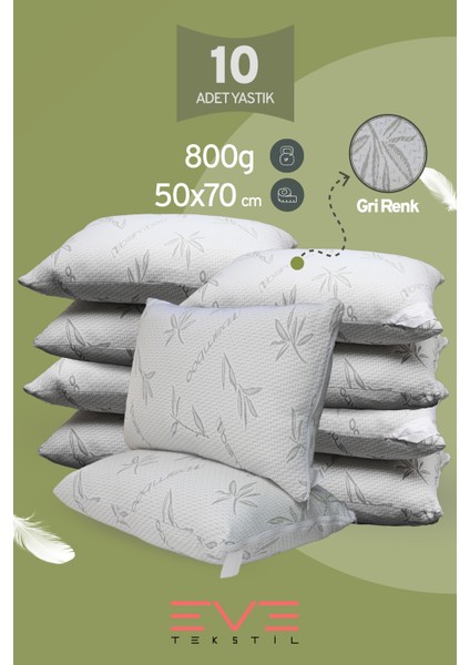 10 Adet Bamboo Gri Serisi Kılıflı Fermuarlı Yıkanabilir Antialerjik Silikon Elyaf Yastık 50 x 70 cm 800 gr