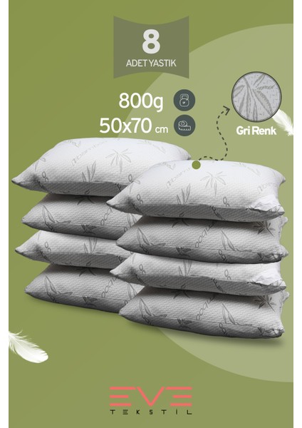 8 Adet Bamboo Gri Serisi Kılıflı Fermuarlı Yıkanabilir Antialerjik Silikon Elyaf Yastık 50 x 70 cm 800 gr