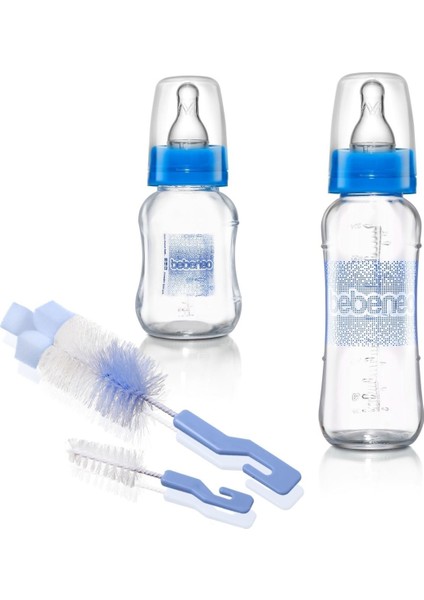 Doğal Cam Biberon Seti 230ML ve 120ML, Ikili ve Fırçalı, Mavi Renkli