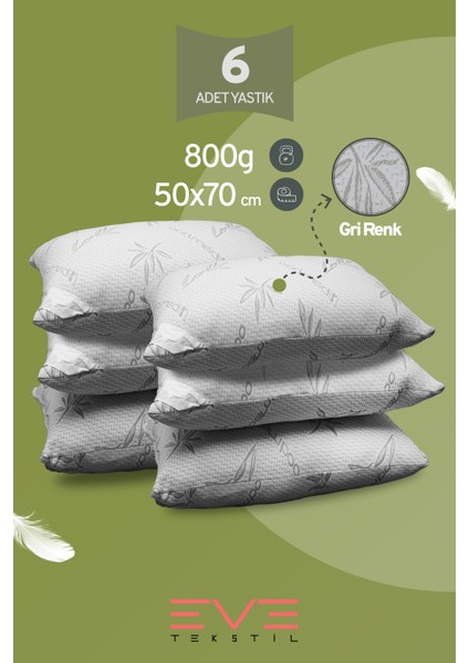 6 Adet Bamboo Gri Serisi Kılıflı Fermuarlı Yıkanabilir Antialerjik Silikon Elyaf Yastık 50 x 70 cm 800 gr
