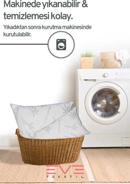 2 Adet Bamboo Gri Serisi Kılıflı Fermuarlı Yıkanabilir Antialerjik Silikon Elyaf Yastık 50 x 70 cm 800 gr