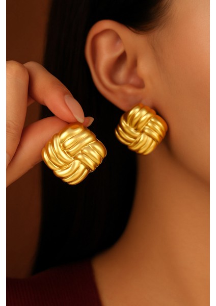 Vintage Kare Örgü Paslanmaz Çelik Altın Küpe