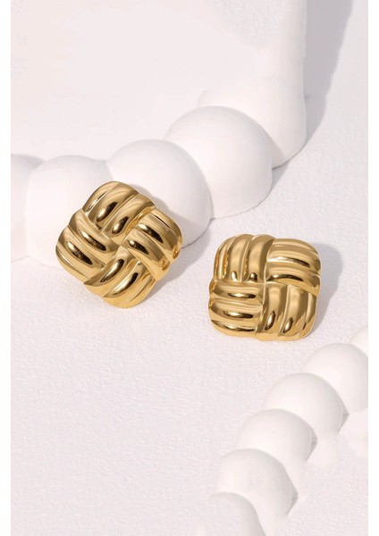 Vintage Kare Örgü Paslanmaz Çelik Altın Küpe modelleri