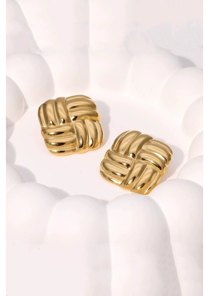 Vintage Kare Örgü Paslanmaz Çelik Altın Küpe fırsatları