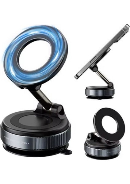 Metal Çok Fonksiyonlu 360 Derece Dönebilen Düz Zeminlere Uyumlu Vakumlu Manyetik Telefon Tutucu