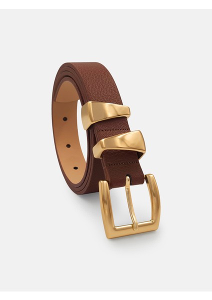 Asimetrik Gold Köprülü Kahve Kadın Kemer