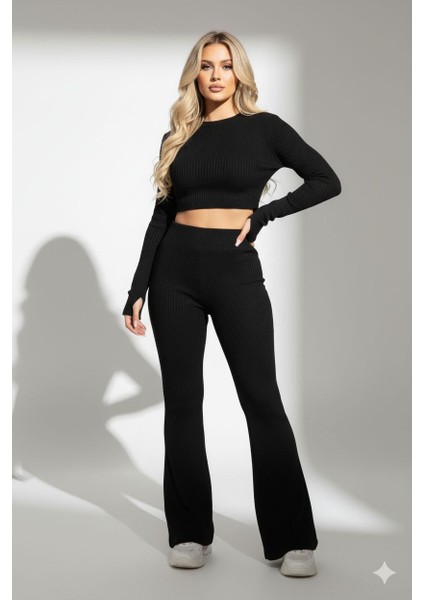 Damla Kol Kaşkorse Kumaş Crop Takım Siyah