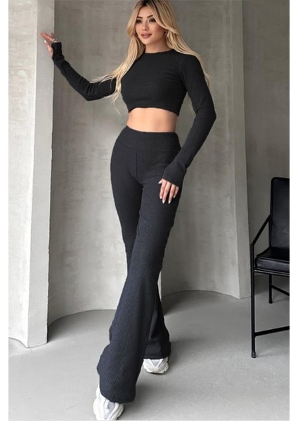 Damla Kol Kaşkorse Kumaş Crop Takım Siyah modelleri